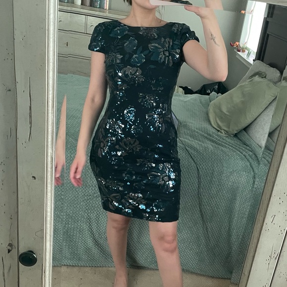 Calvin Klein Blue Floral Sequin Dress With Cowl Back Detail - Picture 5 of 14